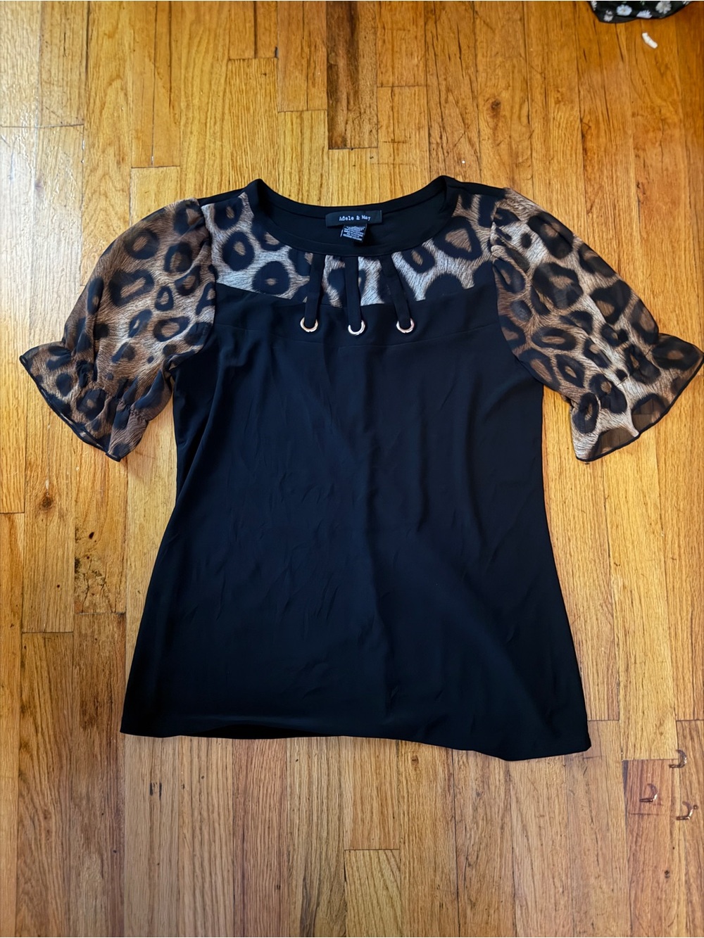 Adele & May Black Top with Leopard Mesh Sleeves